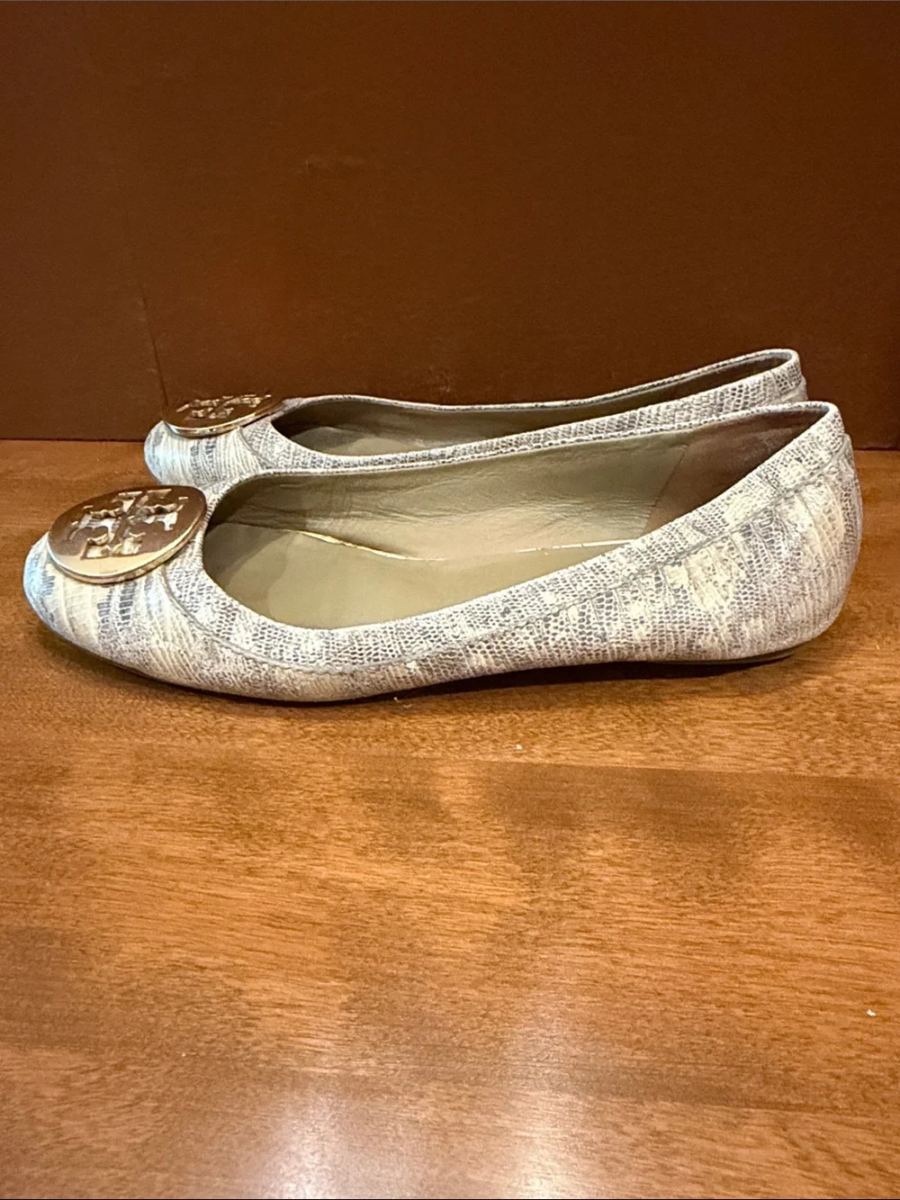Tory Burch Light Neutral Patterned Logo Ballet Flats with Gold Medallions